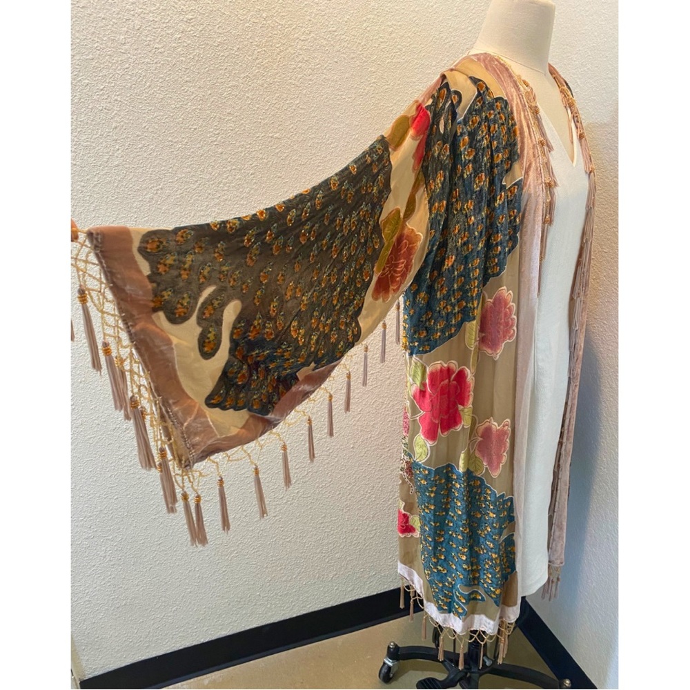 AUTHENTIC VINTAGE SILK PEACOCK BURNOUT VELVET FRINGE SWEATER, KIMONO DUSTER